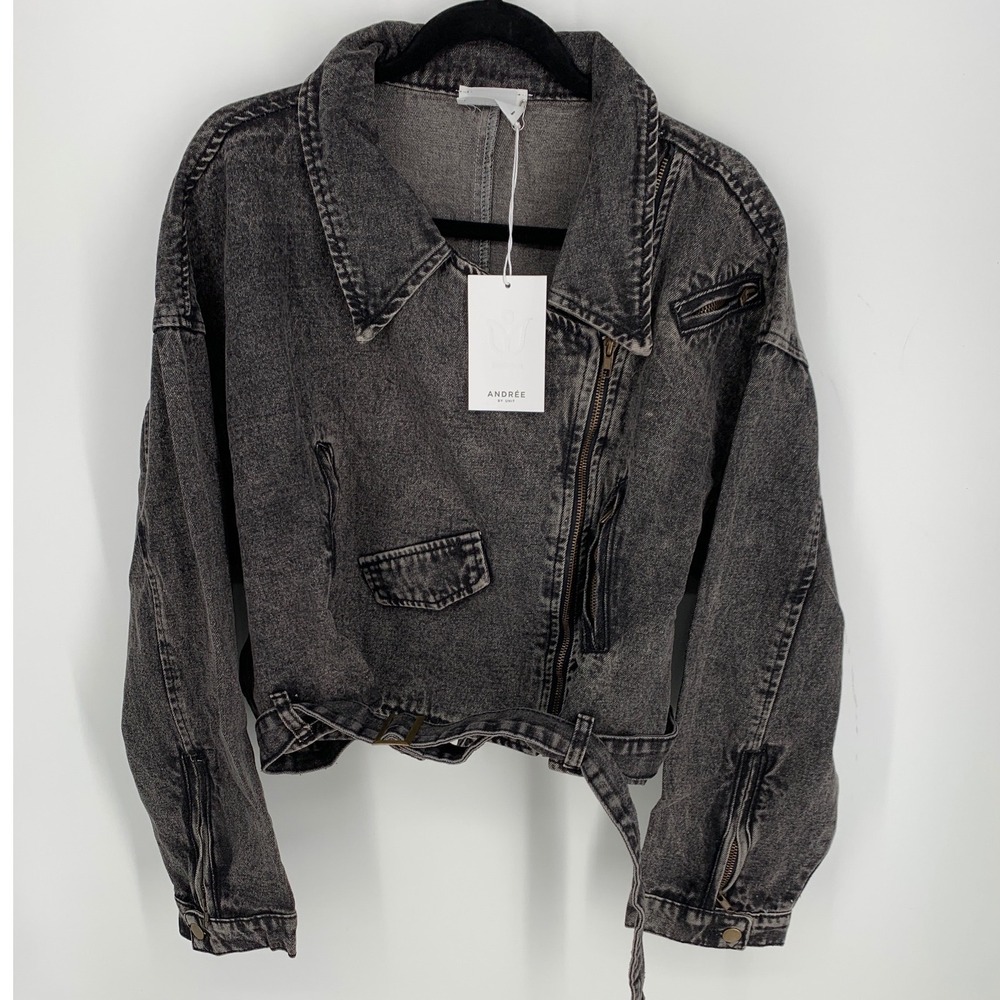 Andrée by Unit Acid Wash Charcoal Moto Jacket Belted Cropped Large NWT